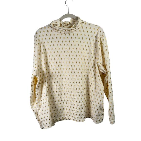 Talbots Tee Cream Long Sleeve Turtleneck Gold Christmas Tree Print Womens 3x - Picture 1 of 5